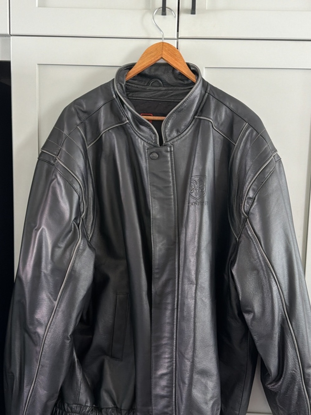 Men's Black Leather Jacket with Subtle Embossed Dodge Logo